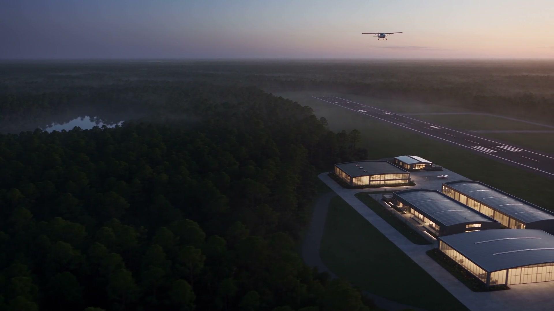 AI concept of a proposed aviation campus surrounded by a Florida pine landscape.